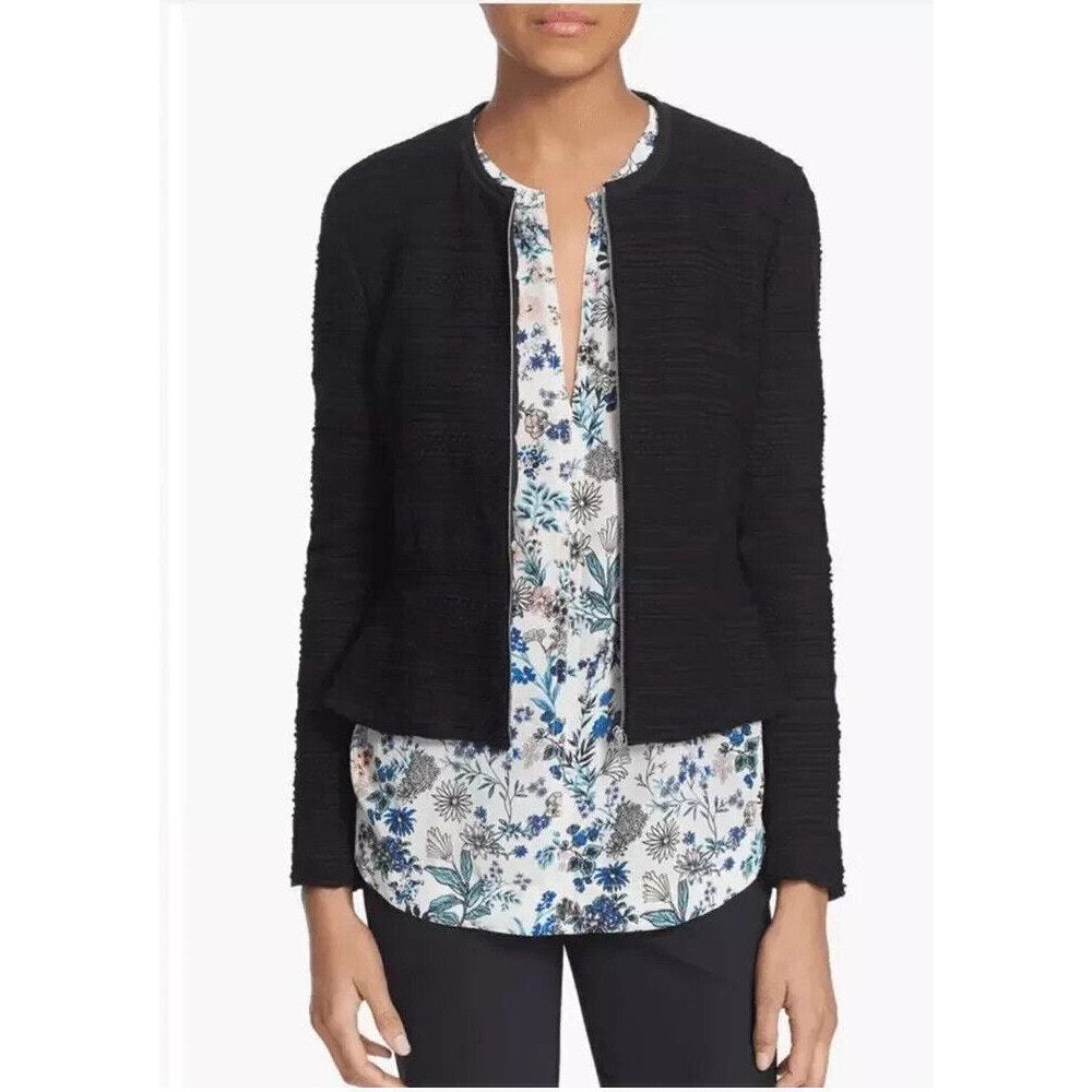 Rebecca Taylor Textured Knit Zipper Front Peplum Hem Womens Jacket 6 Black